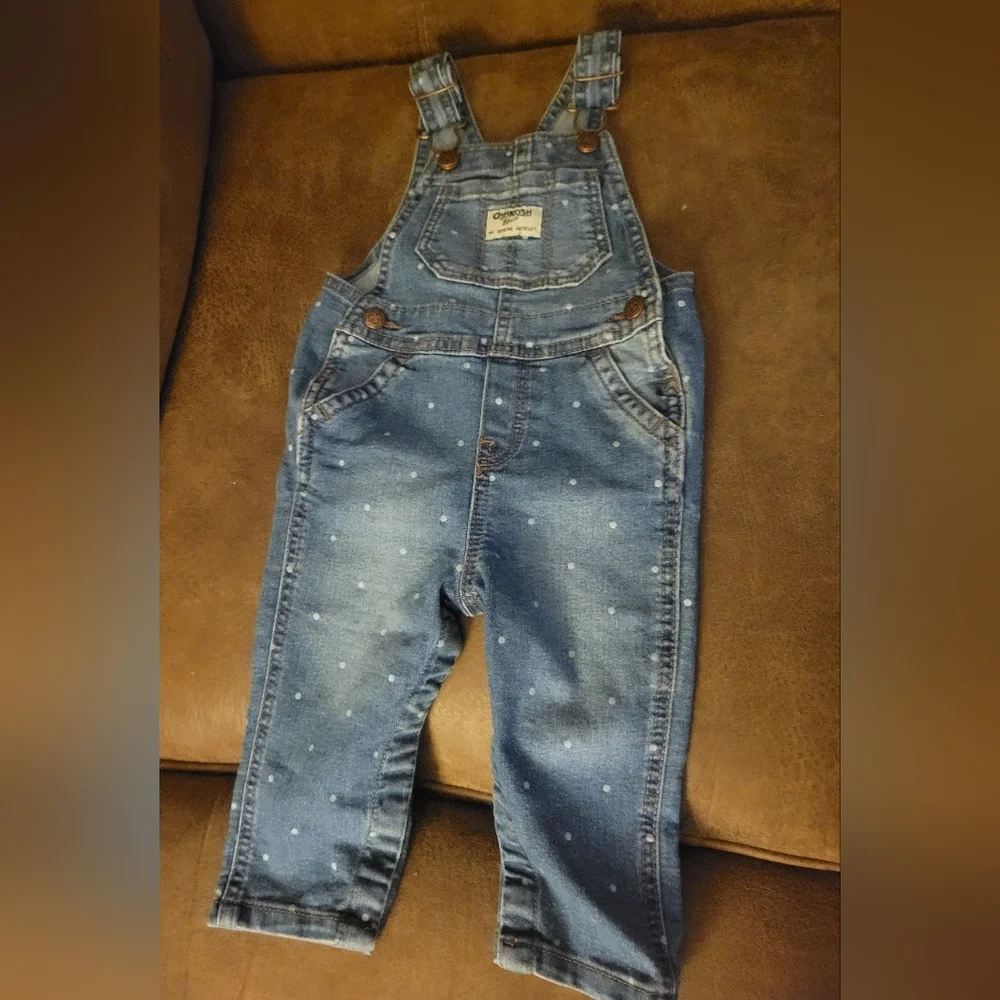 Girls 12 Month OshKosh B'gosh Denim Overalls, Blue&White Polka Dot, Farm Country